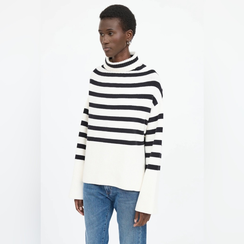 Chic Black and White Striped Turtleneck Sweater